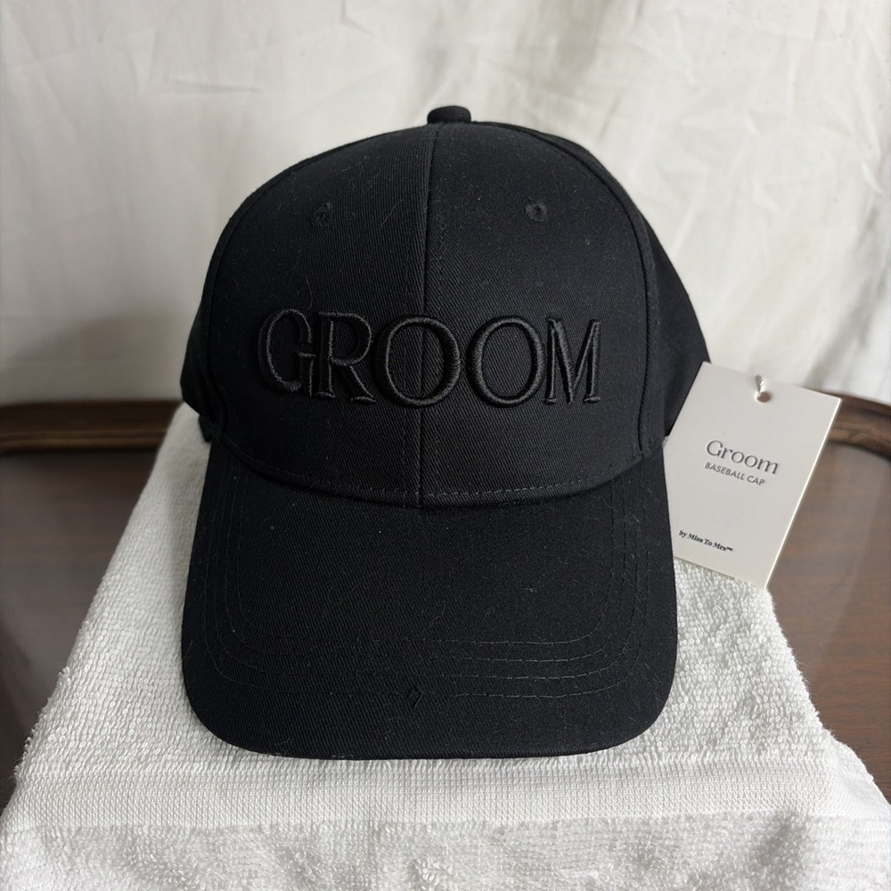 Groom Baseball Cap NWT Miss To MRS Bridal Hat All Black Adjustable Strapback